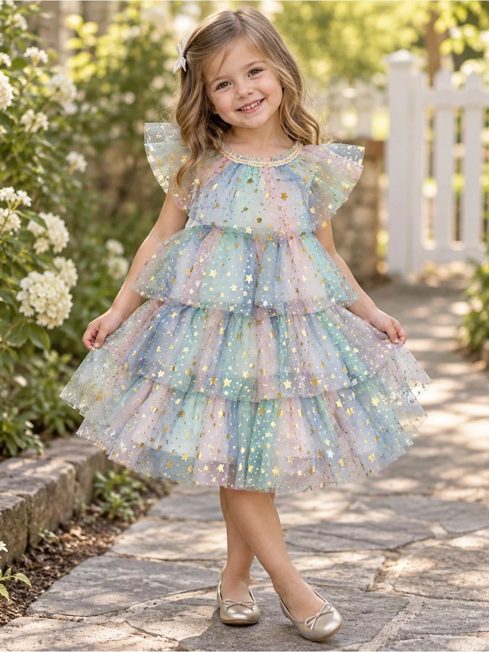 Lola + The Boys Pastel Gold Star Tulle Dress Girls 4/5T